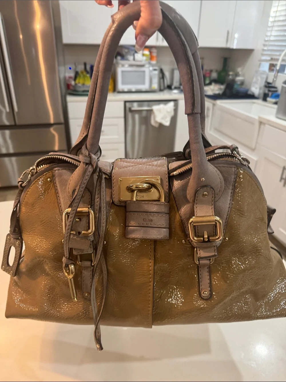 Chloe Olive and Taupe Patent Leather Satchel
